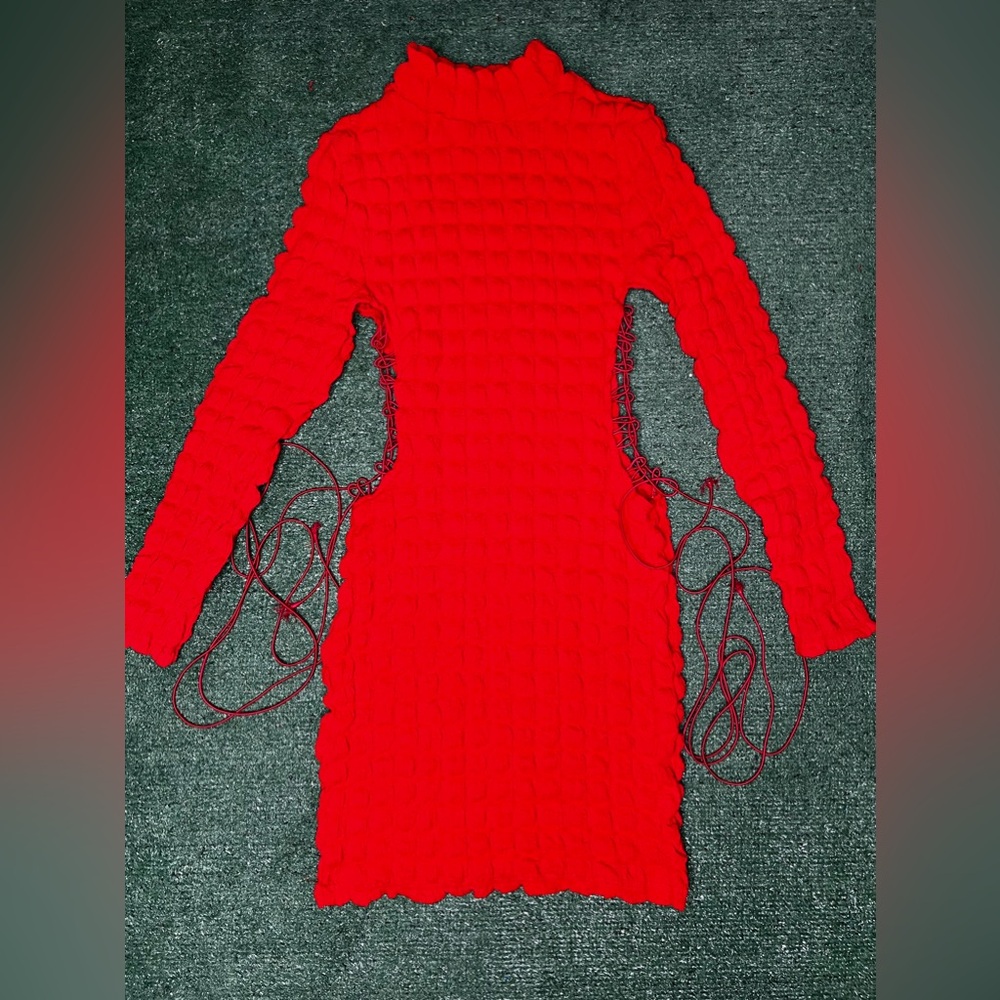 Red Lace Up Mini Dress - Turtleneck - Size Small - Long Sleeve - Half Heart